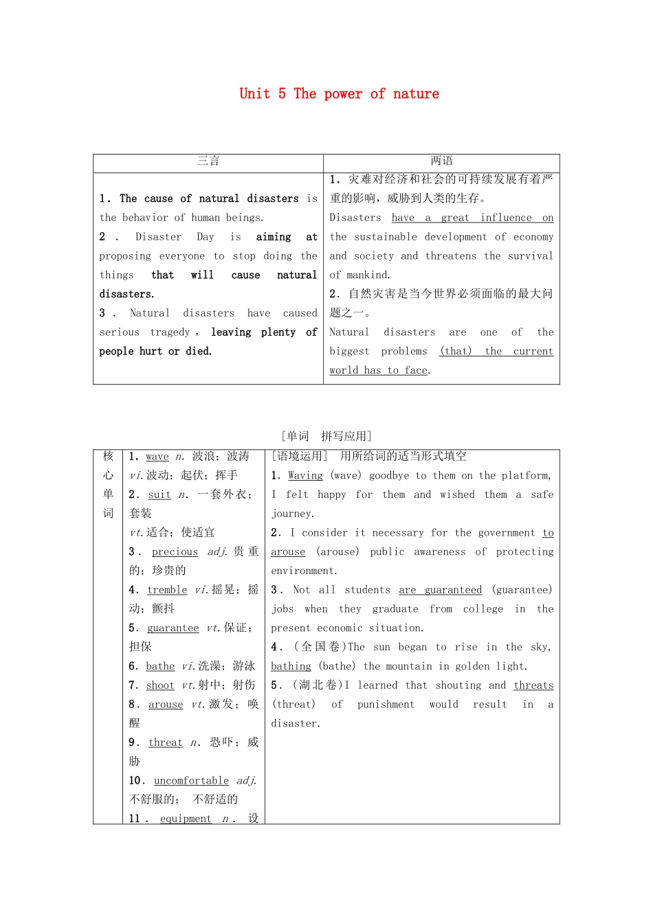 高考英语一轮复习 Unit 5 The power of nature教学案 新人教版选修6-新人教版高三选修6英语教学案_第1页