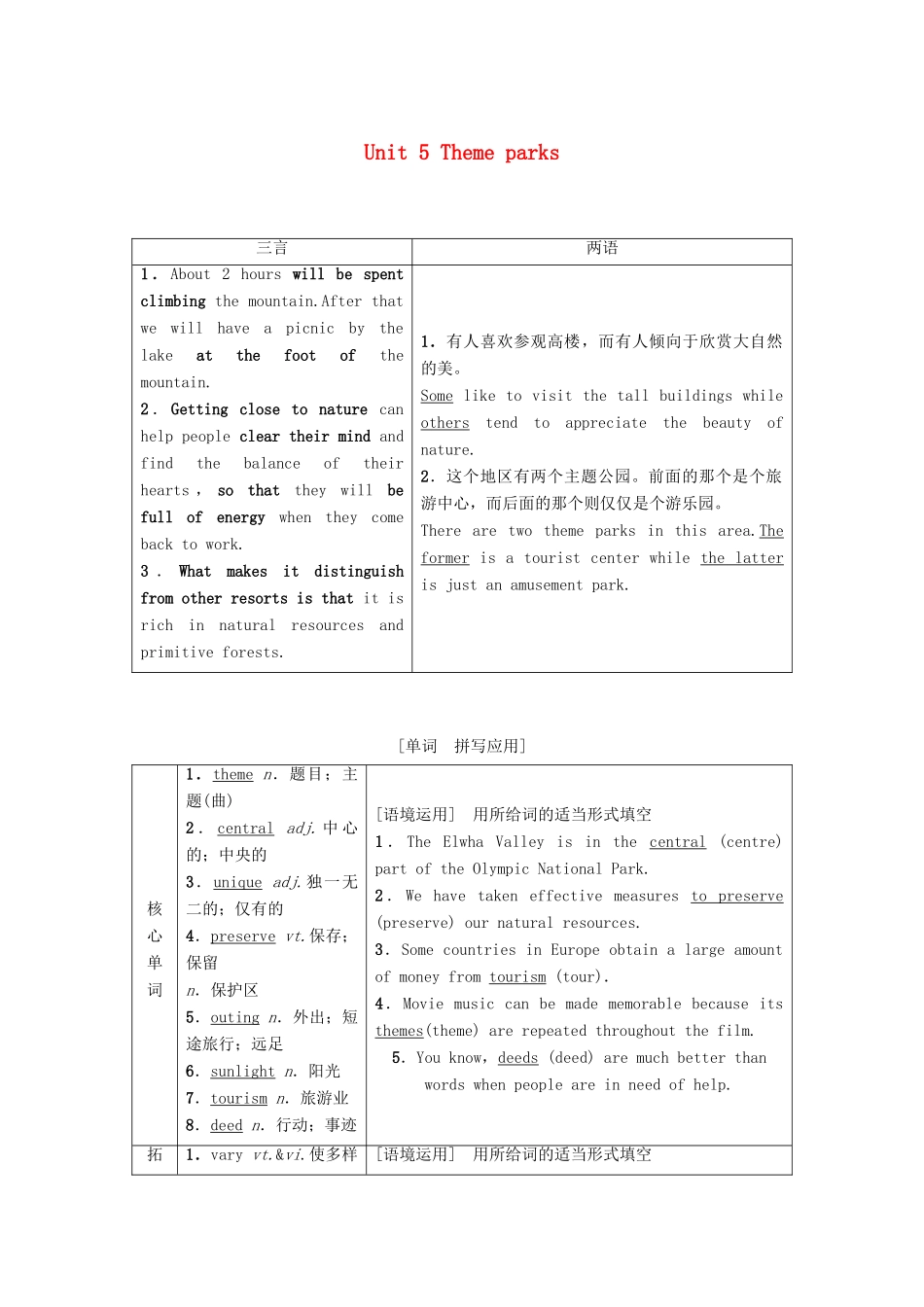 高考英语一轮复习 Unit 5 Theme parks教学案 新人教版必修4-新人教版高三必修4英语教学案_第1页