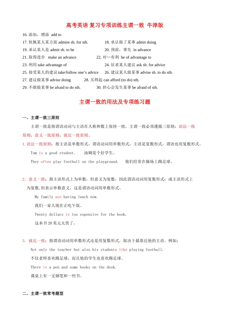 高考英语 复习专项训练主谓一致  牛津版_第1页