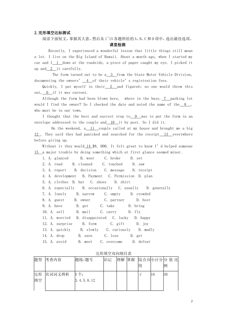 高考英语 话题式精析完型填空解题技巧和解题方法 Topic1 Daily Routines学案-人教版高三全册英语学案_第2页