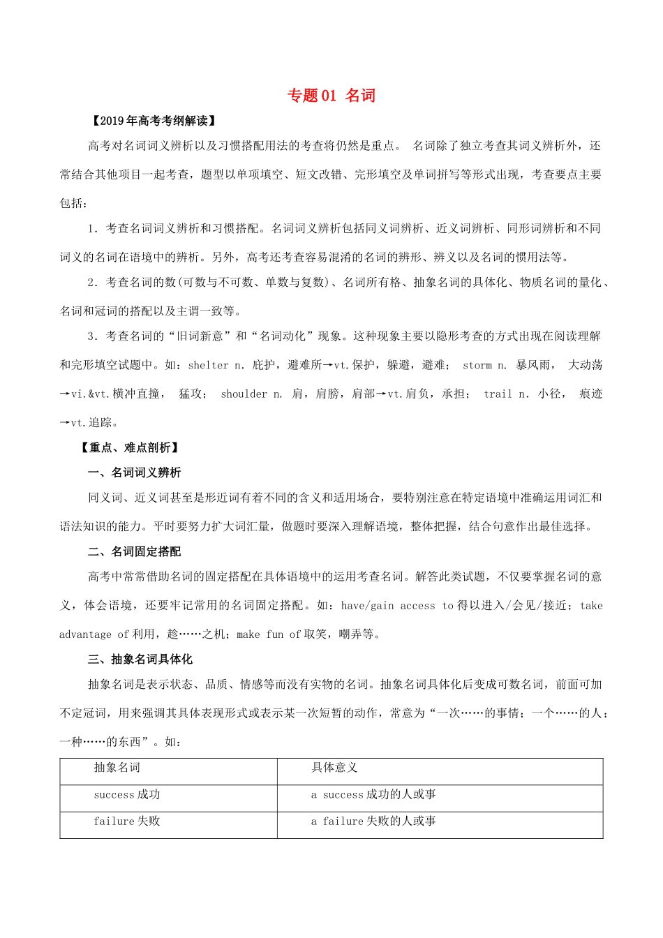 高考英语 考纲解读与热点难点突破 专题01 名词教学案-人教版高三全册英语教学案_第1页