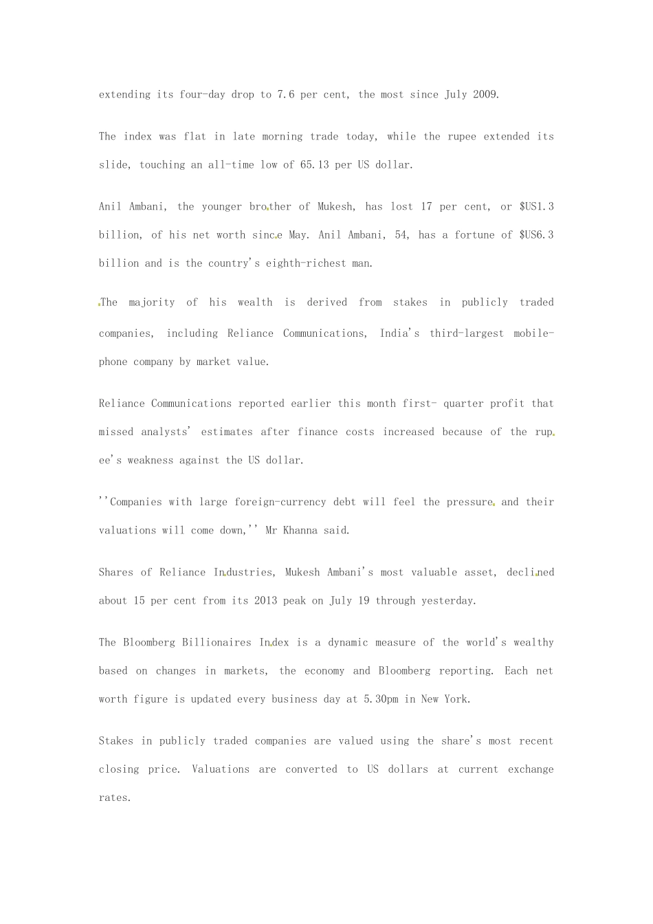 高考英语 考前突破阅读理解能力 财经新闻 卢比一路暴跌 印度首富资产缩水24%素材_第2页