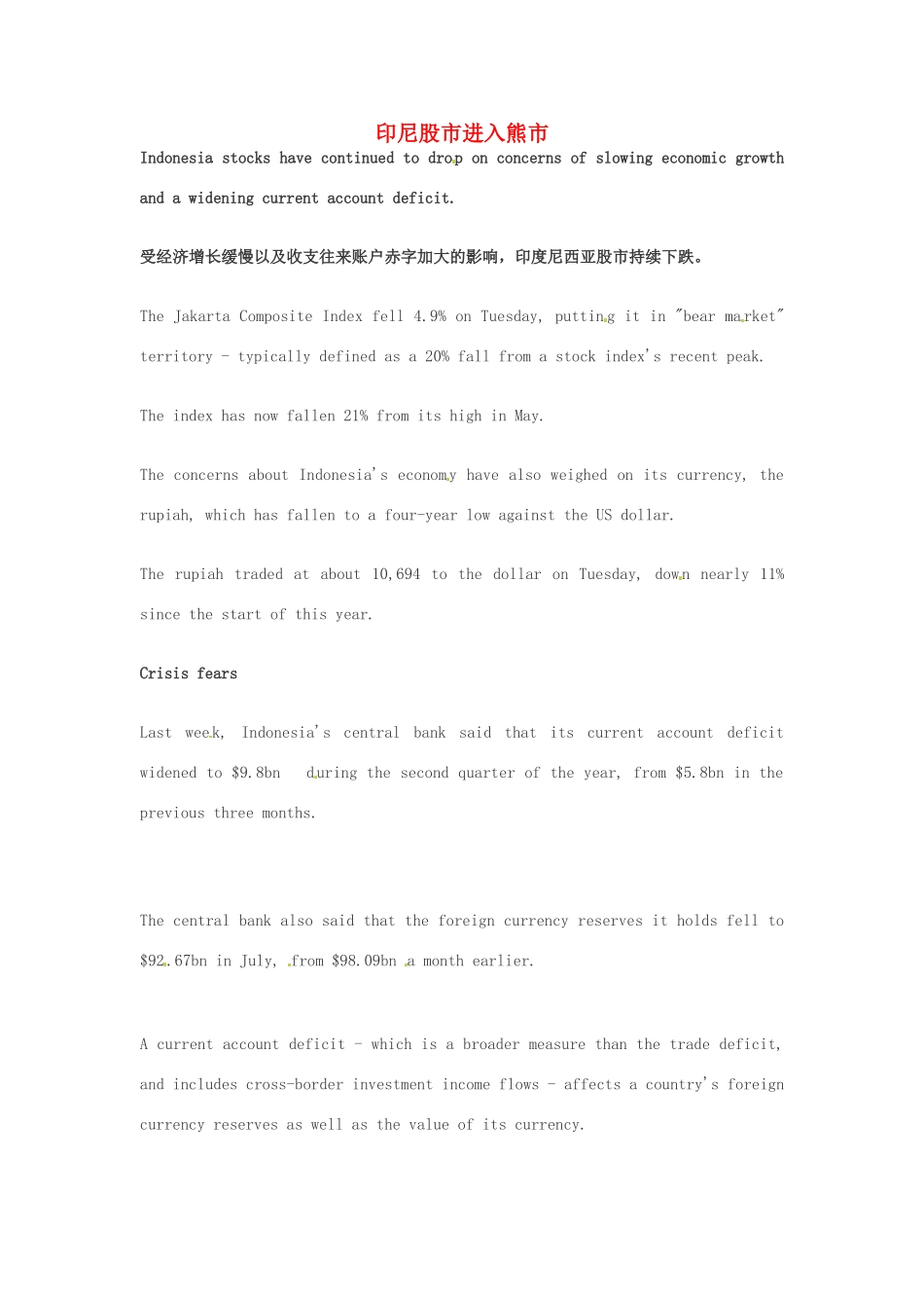 高考英语 考前突破阅读理解能力 财经新闻 印尼股市进入熊市素材_第1页