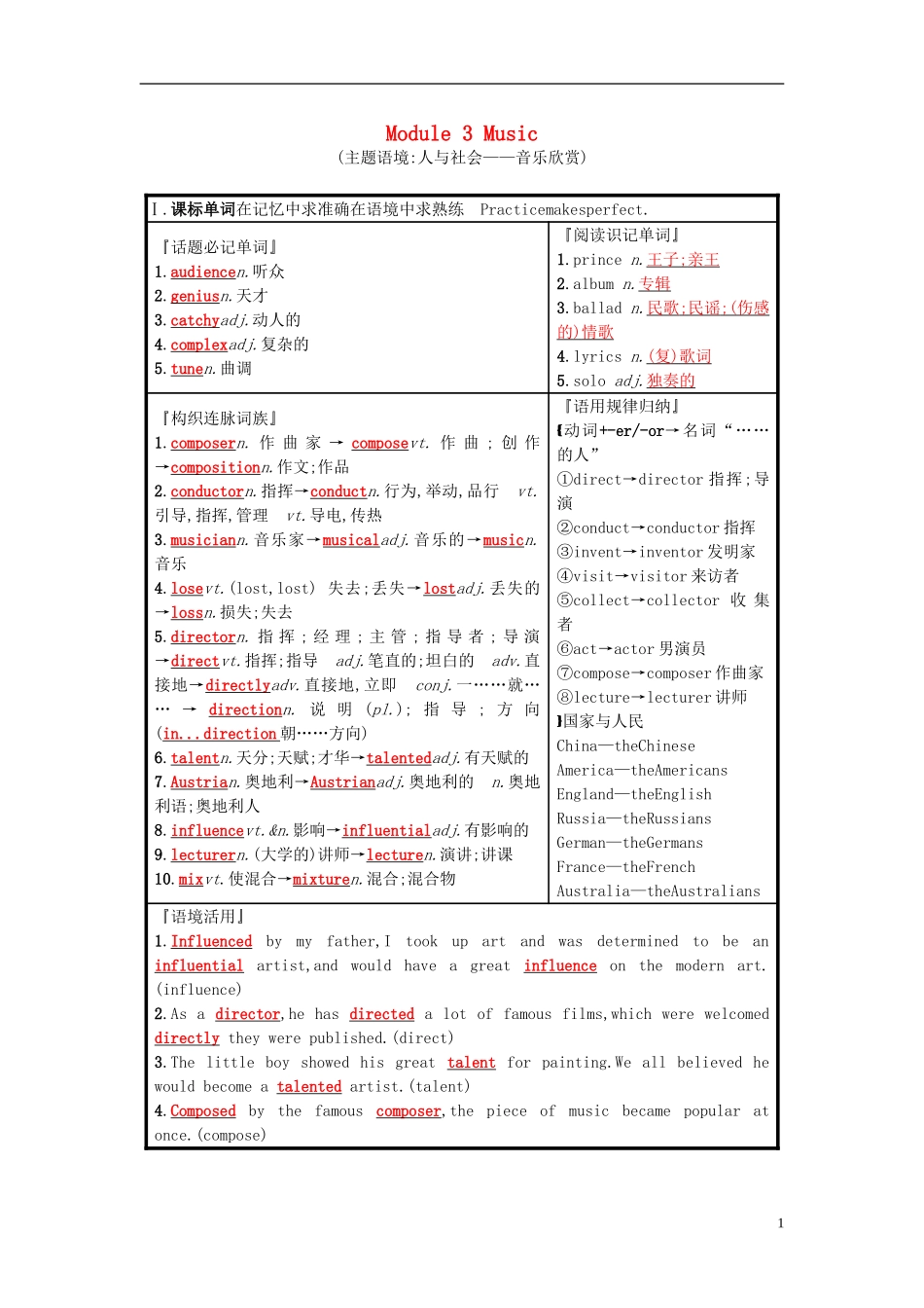 高考英语一轮复习 Module 3 Music预习案 外研版必修2-外研版高三必修2英语学案_第1页