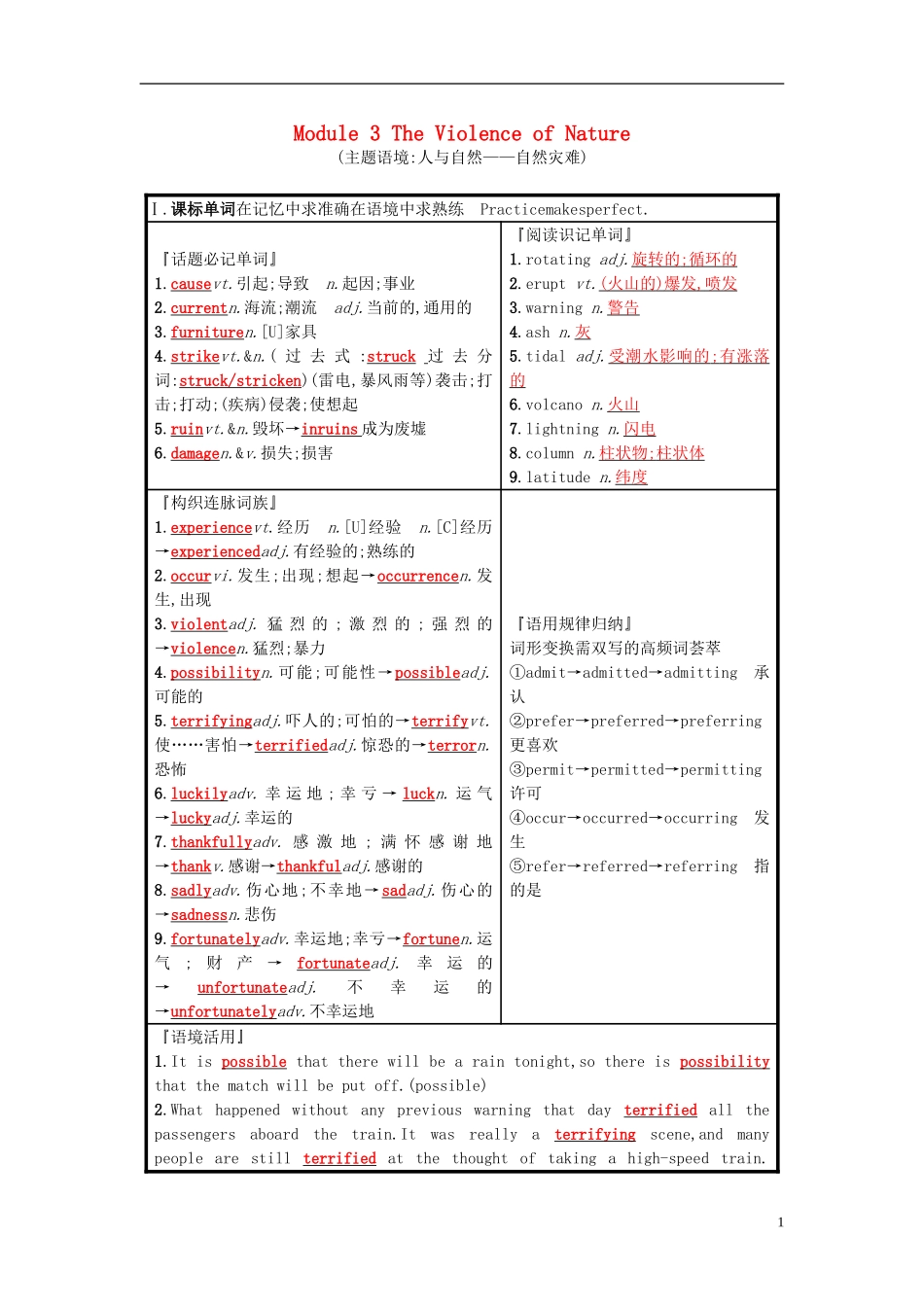 高考英语一轮复习 Module 3 The Violence of Nature预习案 外研版必修3-外研版高三必修3英语学案_第1页