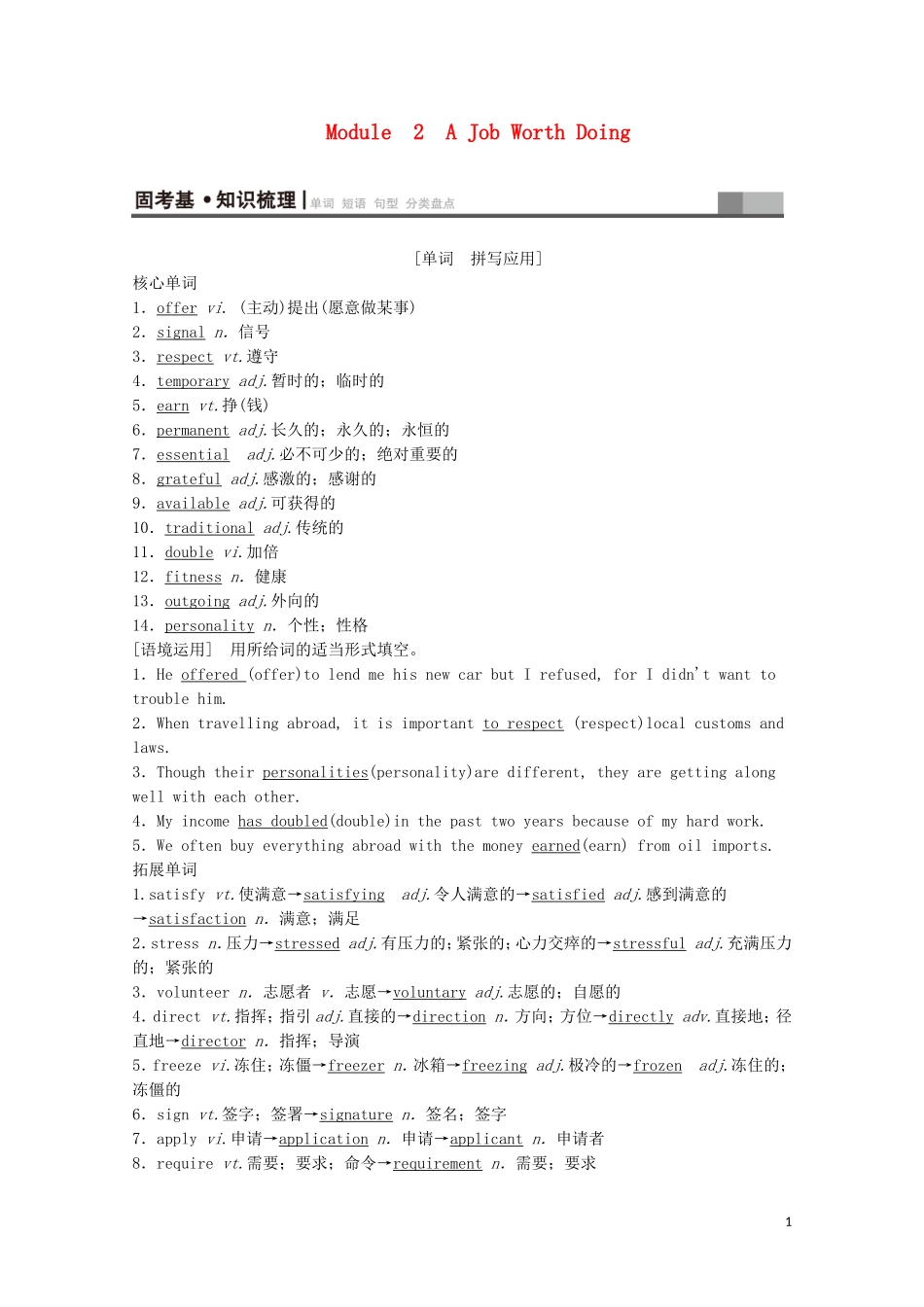 高考英语一轮复习 第1部分 Module 2 A Job Worth Doing教学案（含解析）外研版必修5-外研版高三必修5英语教学案_第1页