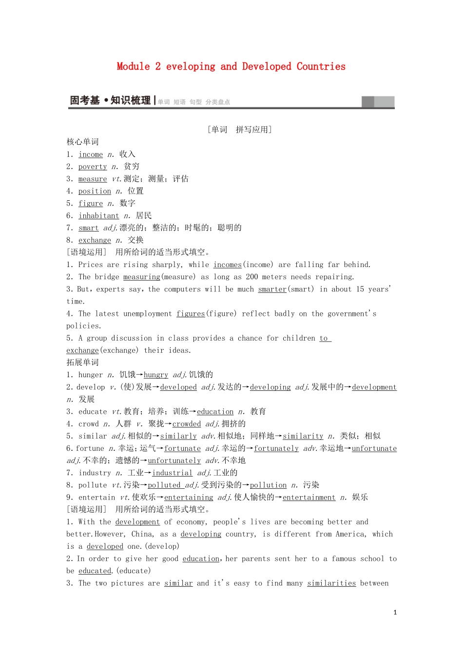 高考英语一轮复习 第1部分 Module 2 Developing and Developed Countries教学案（含解析）外研版必修3-外研版高三必修3英语教学案_第1页