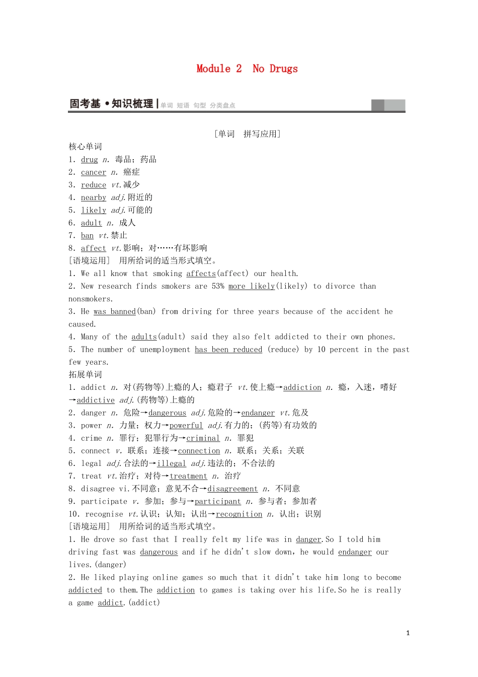 高考英语一轮复习 第1部分 Module 2 No Drugs教学案（含解析）外研版必修2-外研版高三必修2英语教学案_第1页