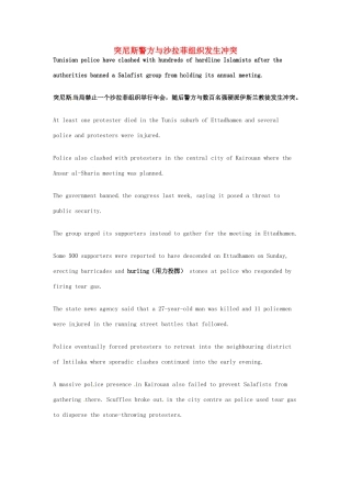 高考英语 考前突破阅读理解能力 国际时事要闻 突尼斯警方与沙拉菲组织发生冲突