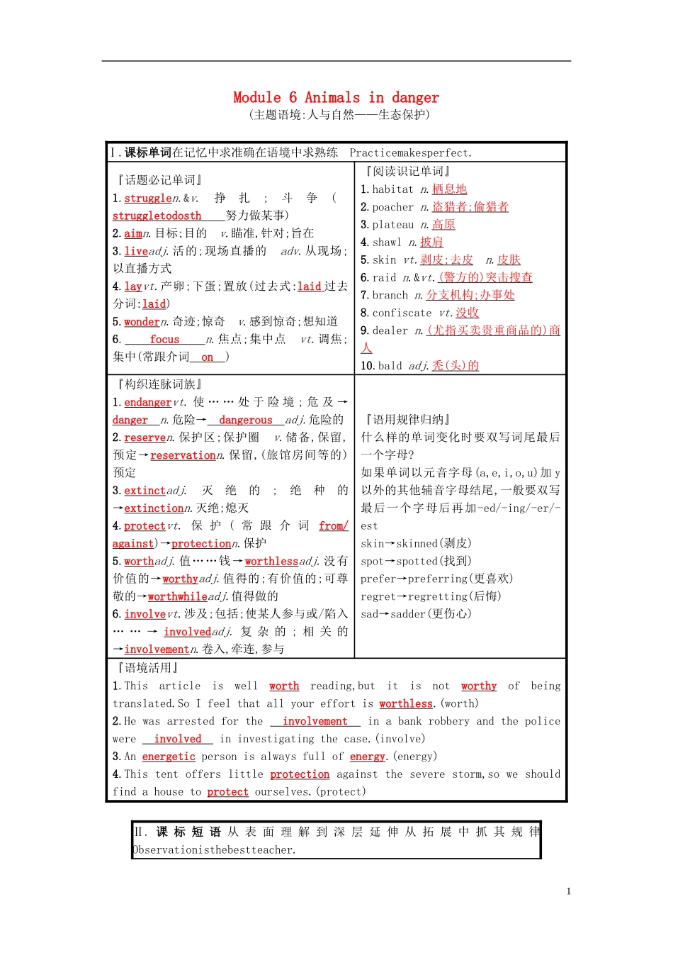 高考英语一轮复习 Module 6 Animals in danger预习案 外研版必修5-外研版高三必修5英语学案_第1页