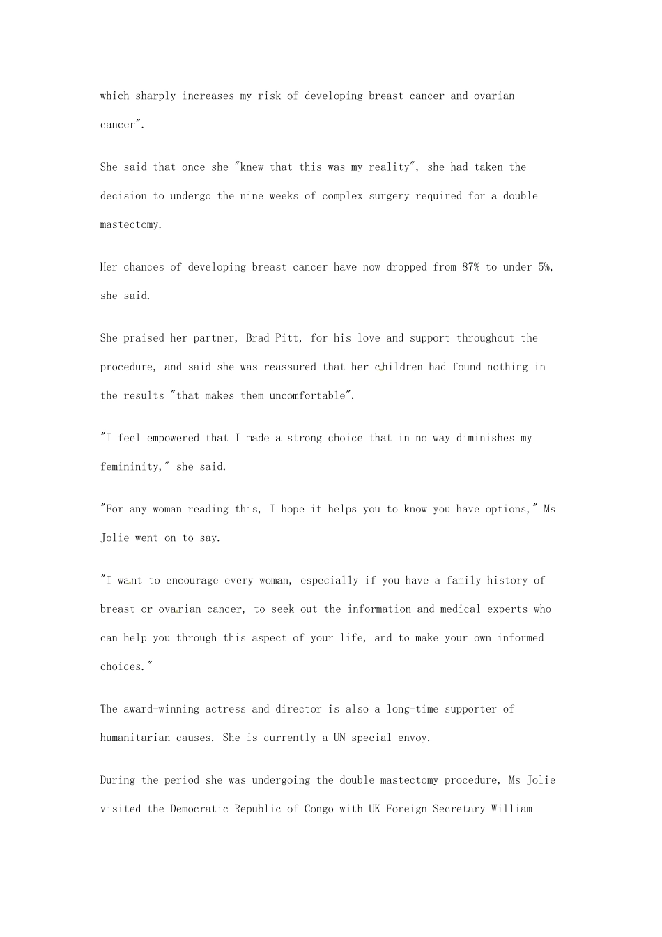 高考英语 考前突破阅读理解能力 社会生活 安吉丽娜 朱莉接受双侧乳腺切除术素材_第2页