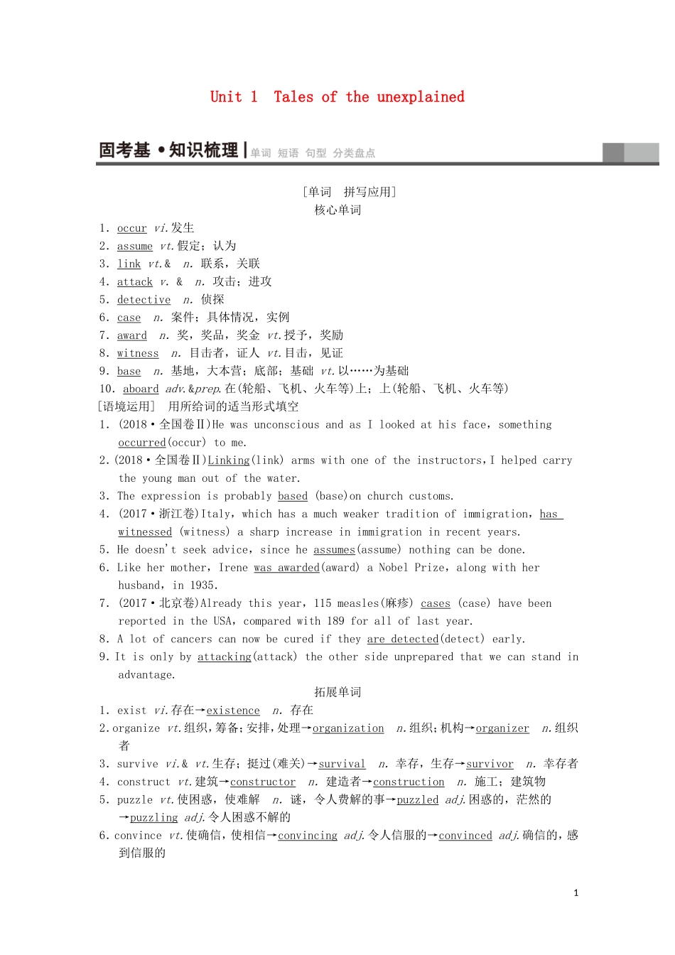 高考英语一轮复习 第1部分 Unit 1 Tales of the unexplained教学案（含解析）牛津译林版必修2-牛津版高三必修2英语教学案_第1页