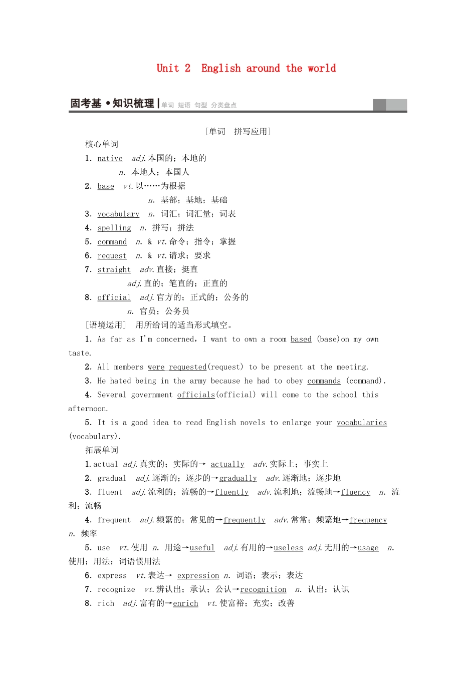 高考英语一轮复习 第1部分 Unit 2 English around the world教学案（含解析）新人教版必修1-新人教版高三必修1英语教学案_第1页