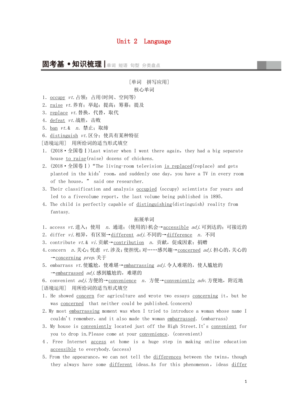 高考英语一轮复习 第1部分 Unit 2 Language教学案（含解析）牛津译林版必修3-牛津版高三必修3英语教学案_第1页