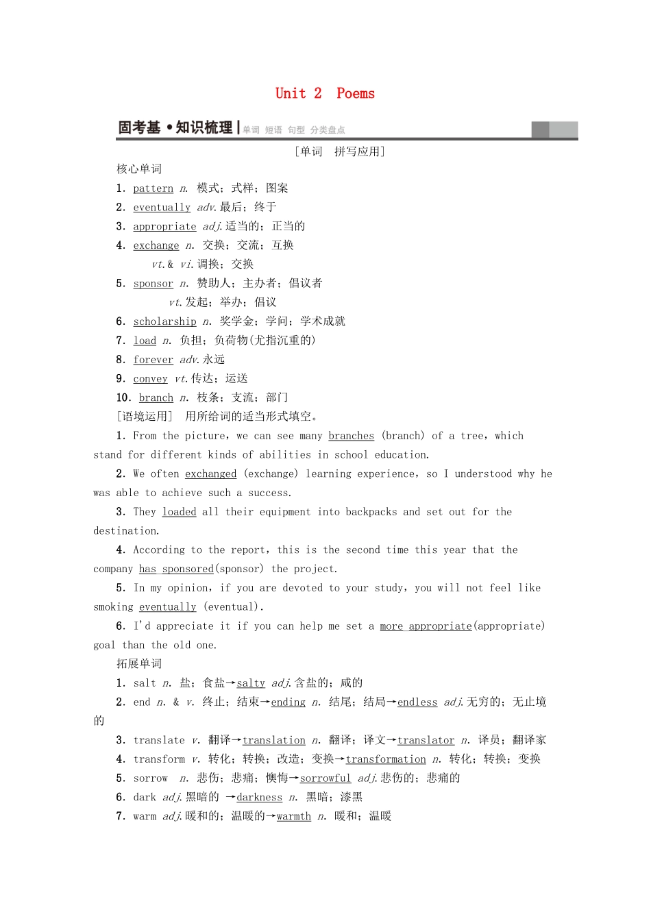 高考英语一轮复习 第1部分 Unit 2 Poems教学案（含解析）新人教版选修6-新人教版高三选修6英语教学案_第1页