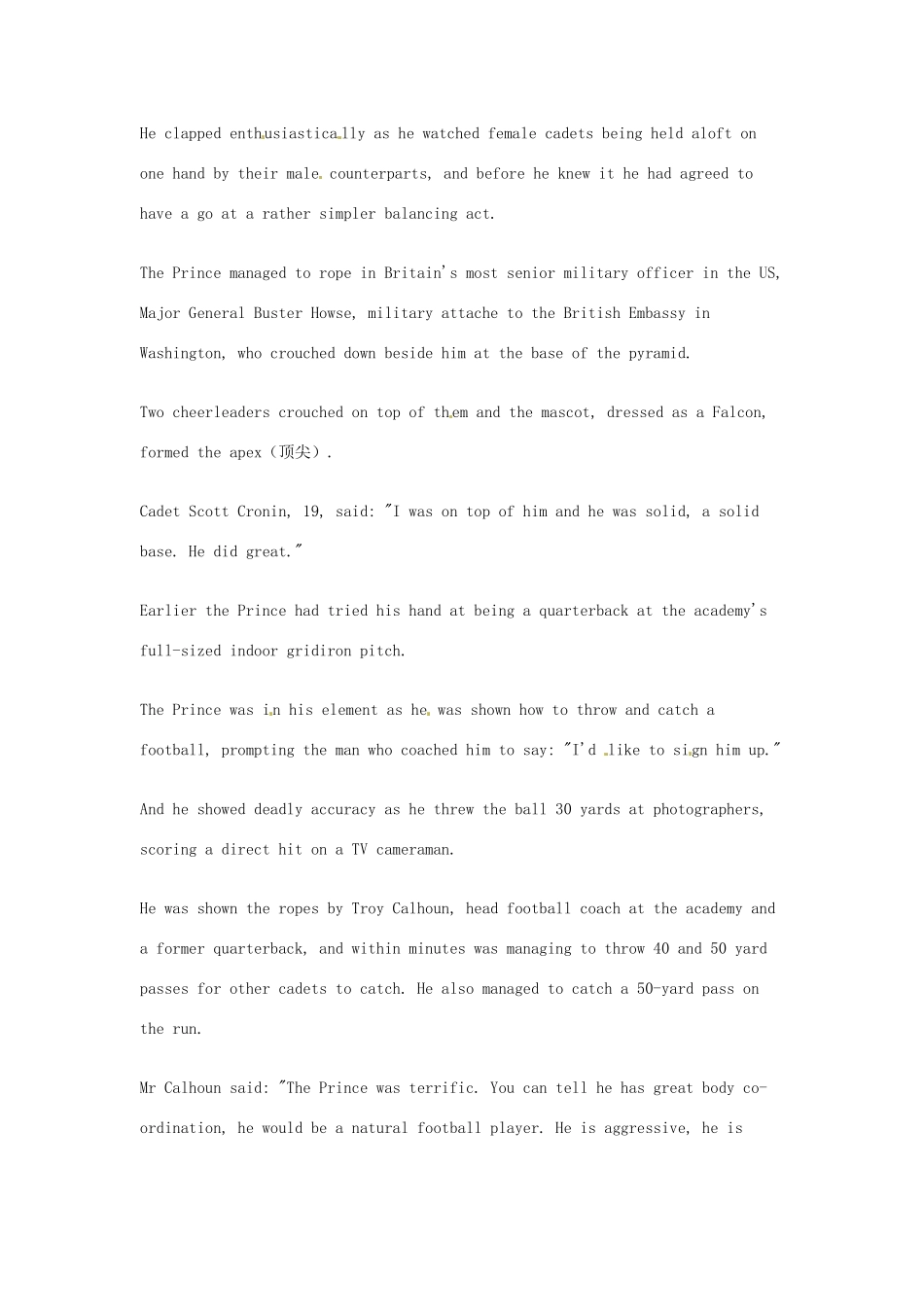 高考英语 考前突破阅读理解能力 社会生活 哈里王子访美 与拉拉队员叠罗汉素材_第2页