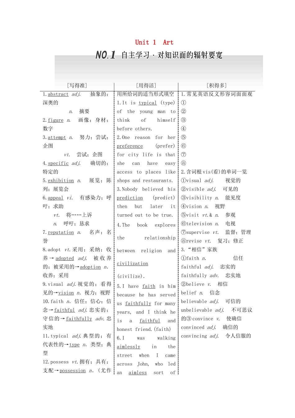 高考英语一轮复习 Unit 1 Art导学案 新人教版选修6-新人教版高三选修6英语学案_第1页