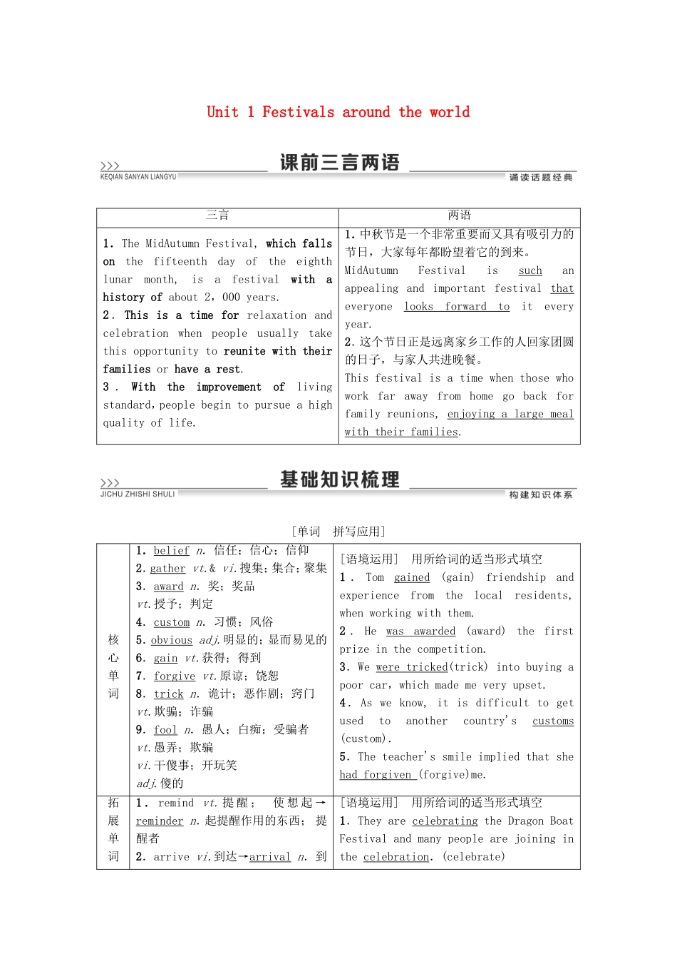 高考英语一轮复习 Unit 1 Festivals around the world教学案 新人教版必修3-新人教版高三必修3英语教学案_第1页