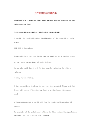 高考英语 考前突破阅读理解能力 社会生活 日产将召回80万辆汽车素材