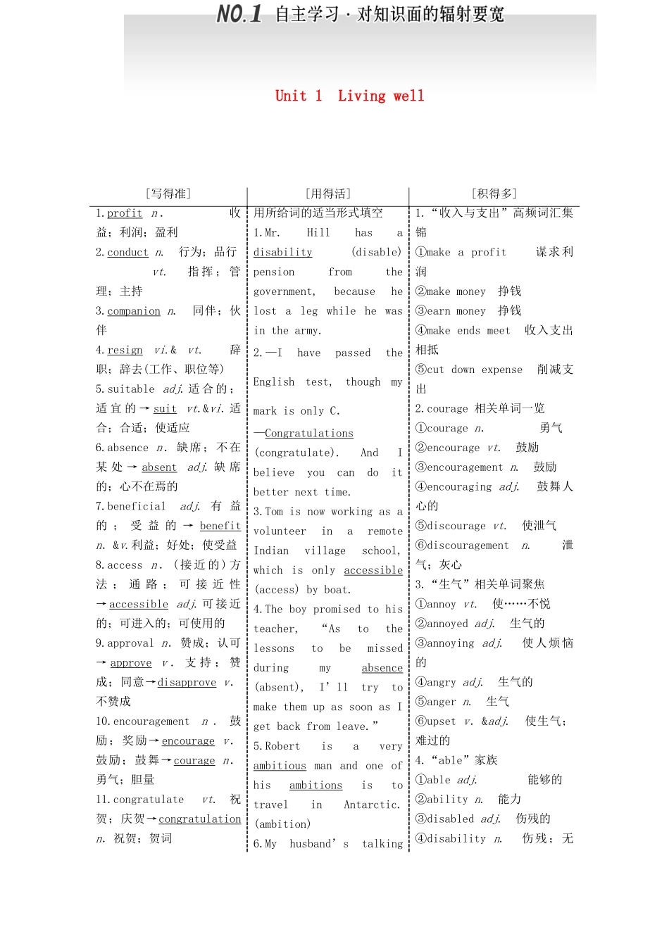高考英语一轮复习 Unit 1 Living well导学案 新人教版选修7-新人教版高三选修7英语学案_第1页
