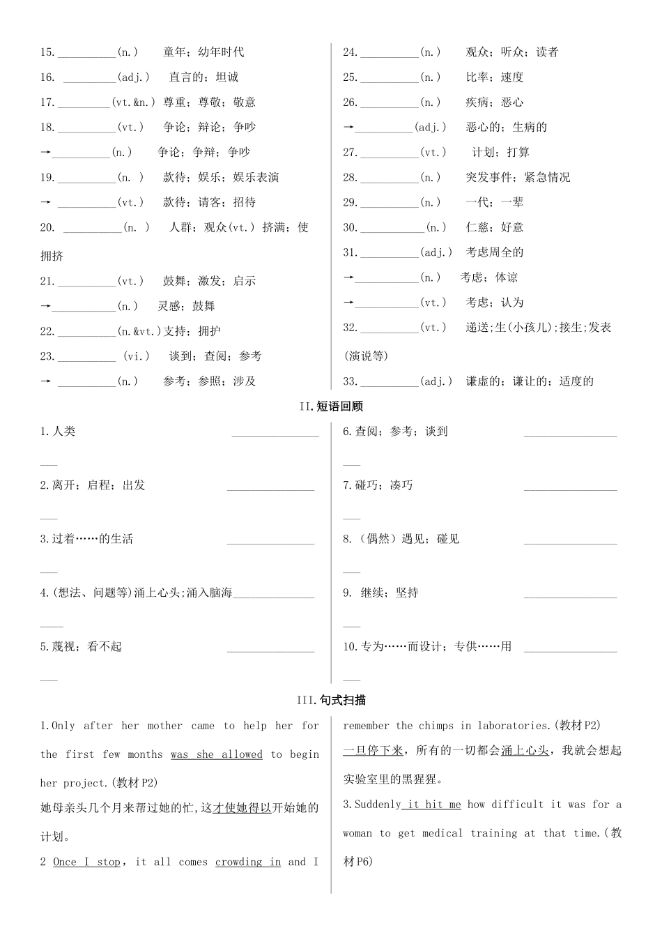 高考英语一轮复习 Unit 1 Women of achievement学案 新人教版必修4-新人教版高三必修4英语学案_第3页