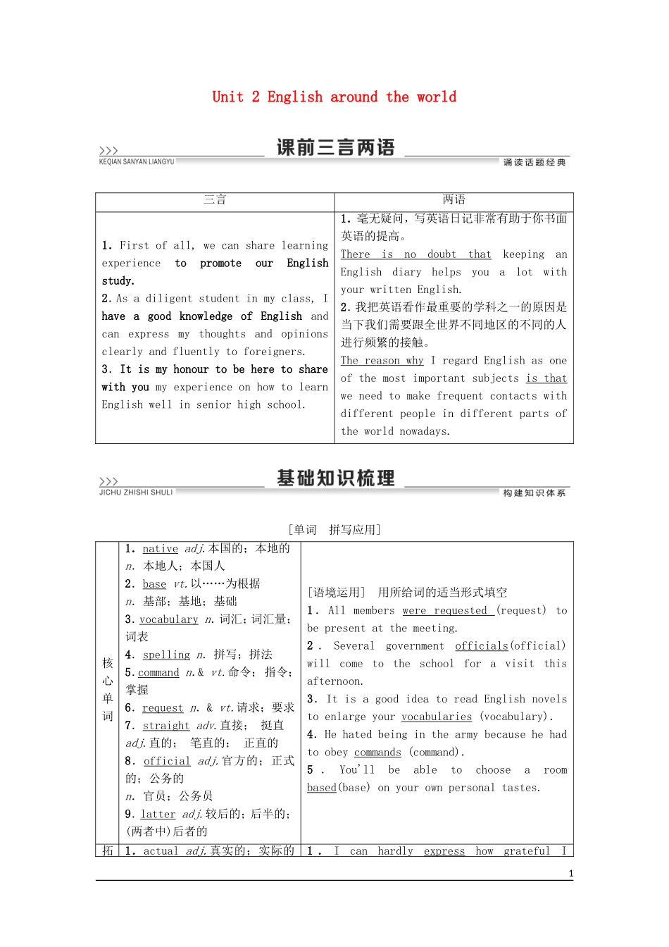 高考英语一轮复习 Unit 2 English around the world教学案 新人教版必修1-新人教版高三必修1英语教学案_第1页