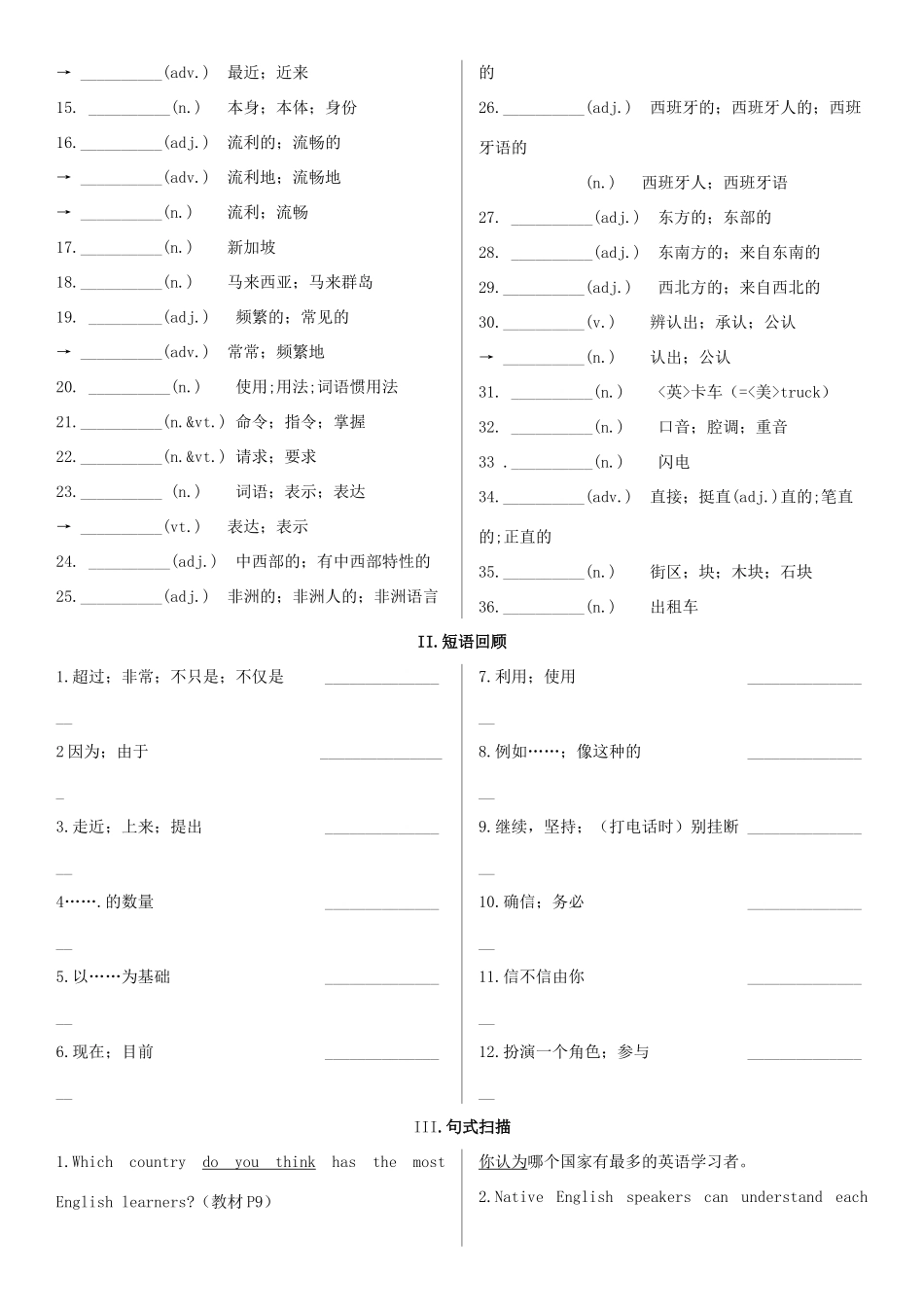 高考英语一轮复习 Unit 2 English around the world学案 新人教版必修1-新人教版高三必修1英语学案_第2页