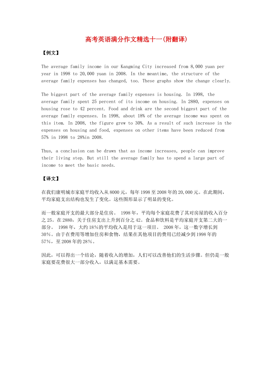 高考英语 满分作文精选十一(附翻译)_第1页
