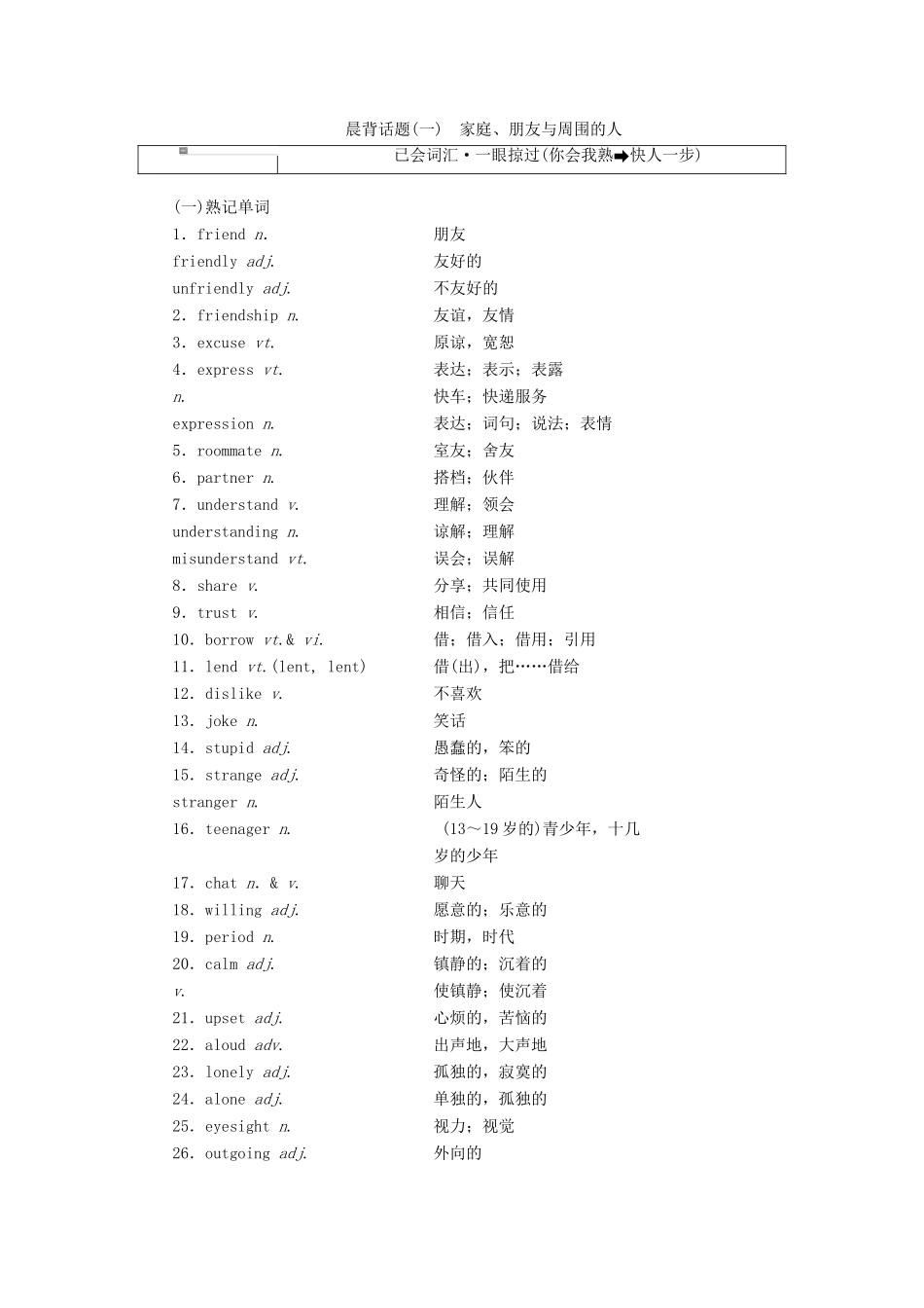 高考英语一轮复习 精选晨背热点话题（一）家庭、朋友与周围的人讲义-人教版高三全册英语教案_第1页