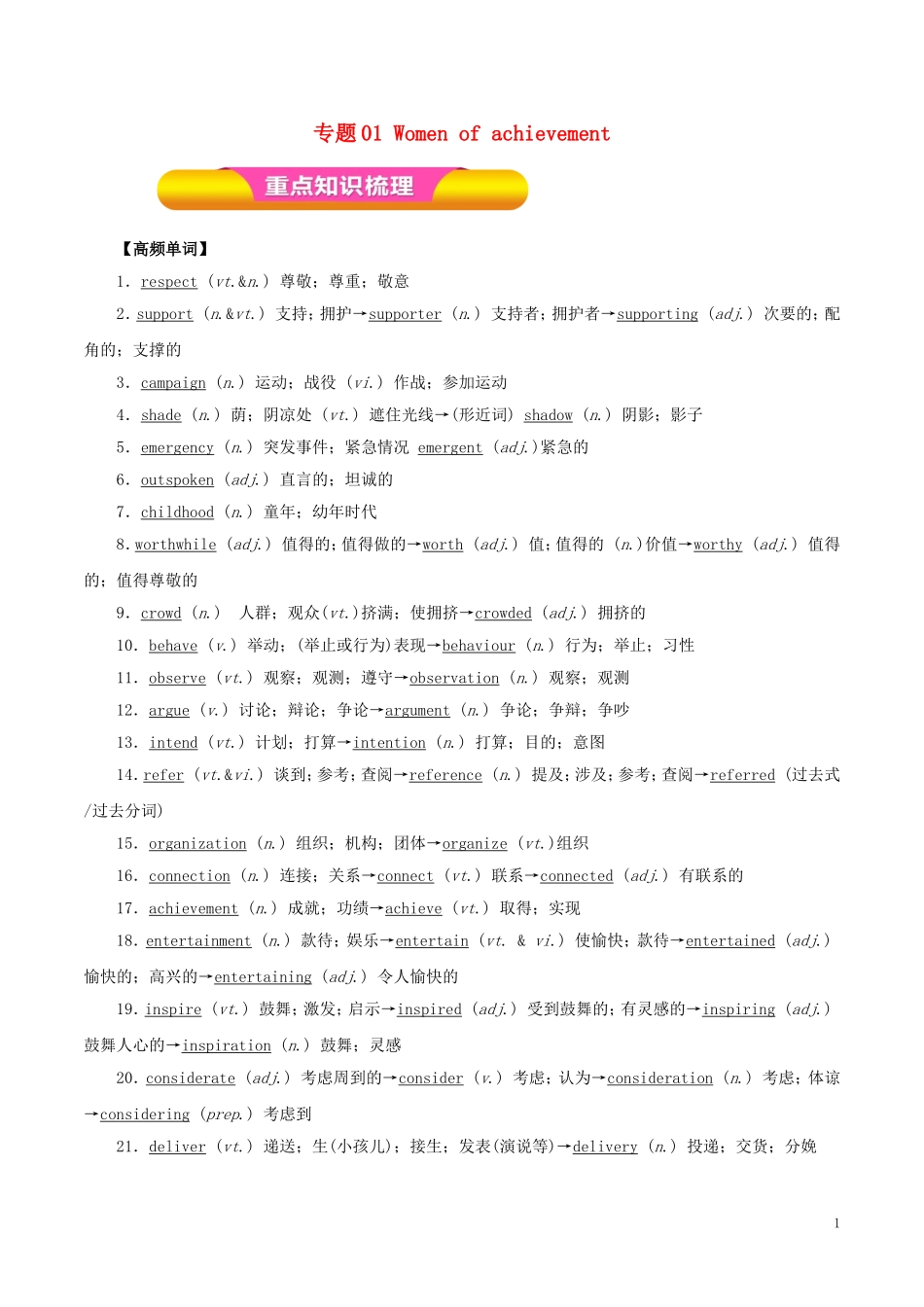 高考英语一轮复习 专题01 Women of achievement（教学案）新人教版必修4-新人教版高三必修4英语教学案_第1页