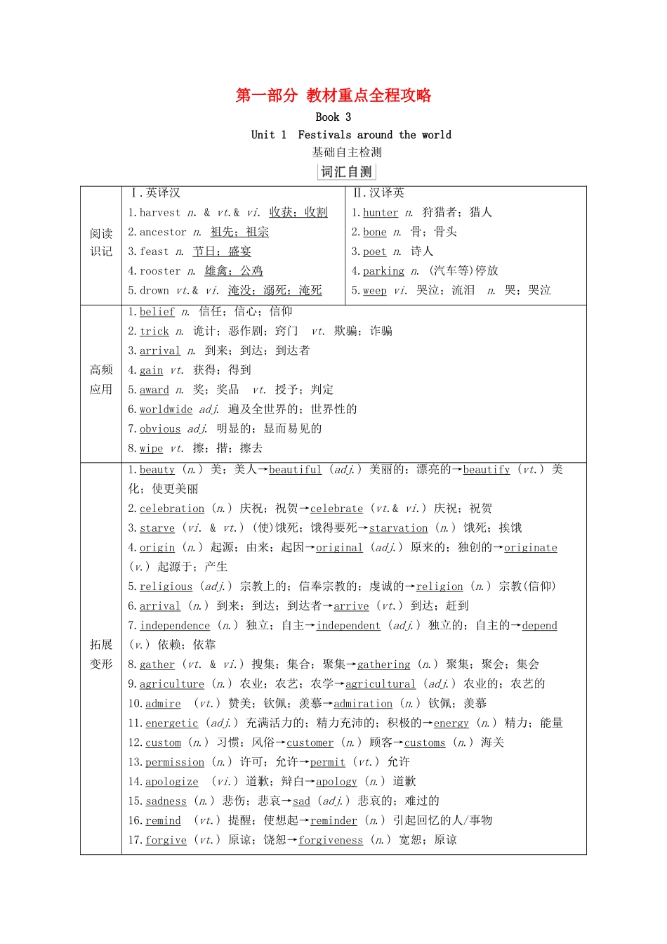 高考英语一轮统考复习 第一部分 教材重点全程攻略 Book 3 Unit 1 Festivals around the world学案（含解析）新人教版-新人教版高三全册英语学案_第1页