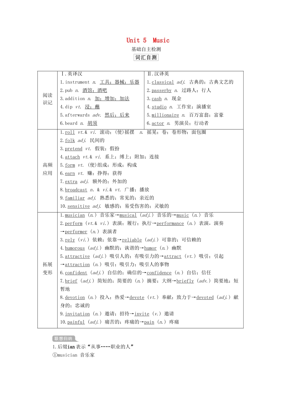 高考英语一轮统考复习 第一部分 教材重点全程攻略 Book 2 Unit 5 Music学案（含解析）新人教版-新人教版高三全册英语学案_第1页