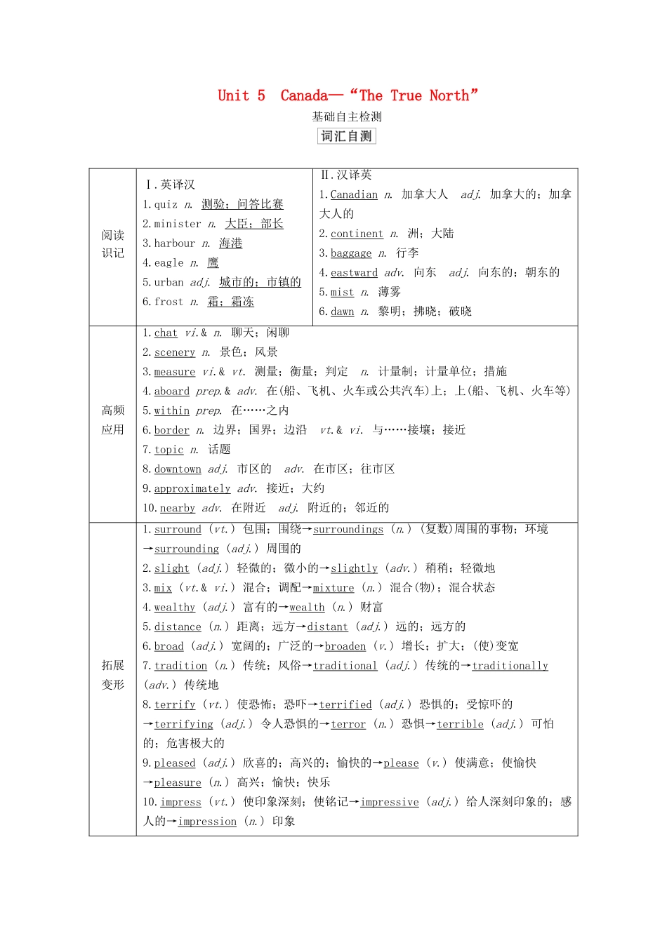 高考英语一轮统考复习 第一部分 教材重点全程攻略 Book 3 Unit 5 Canada—“The True North”学案（含解析）新人教版-新人教版高三全册英语学案_第1页
