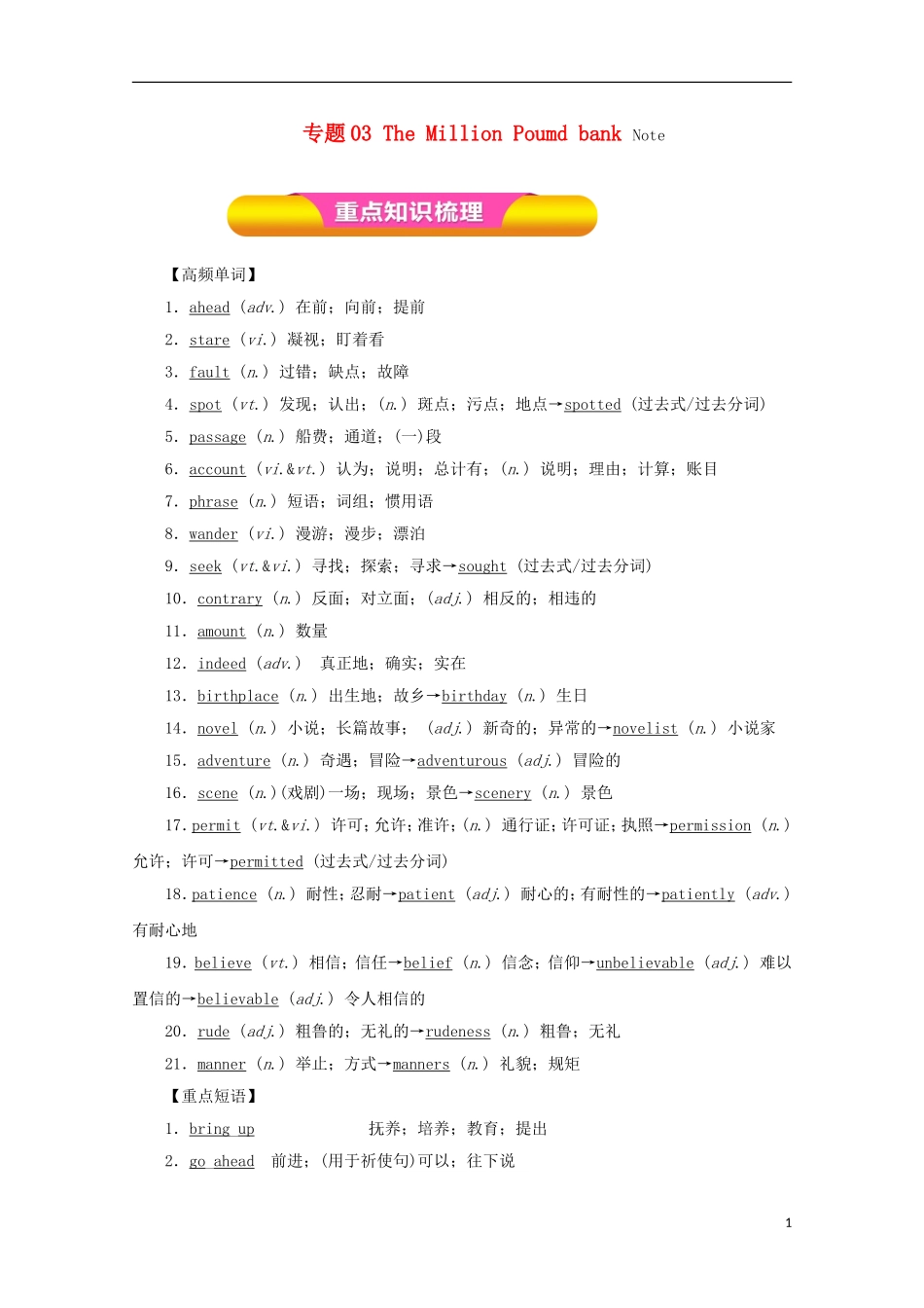高考英语一轮复习 专题03 The Million Poumd bank Note（教学案）（含解析）新人教版必修3-新人教版高三必修3英语教学案_第1页