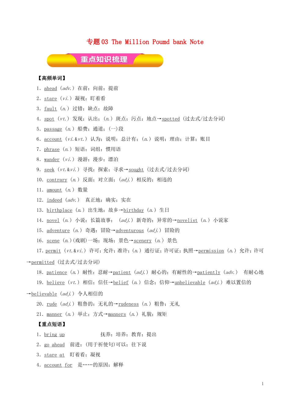 高考英语一轮复习 专题03 The Million Poumd bank Note（教学案）新人教版必修3-新人教版高三必修3英语教学案_第1页