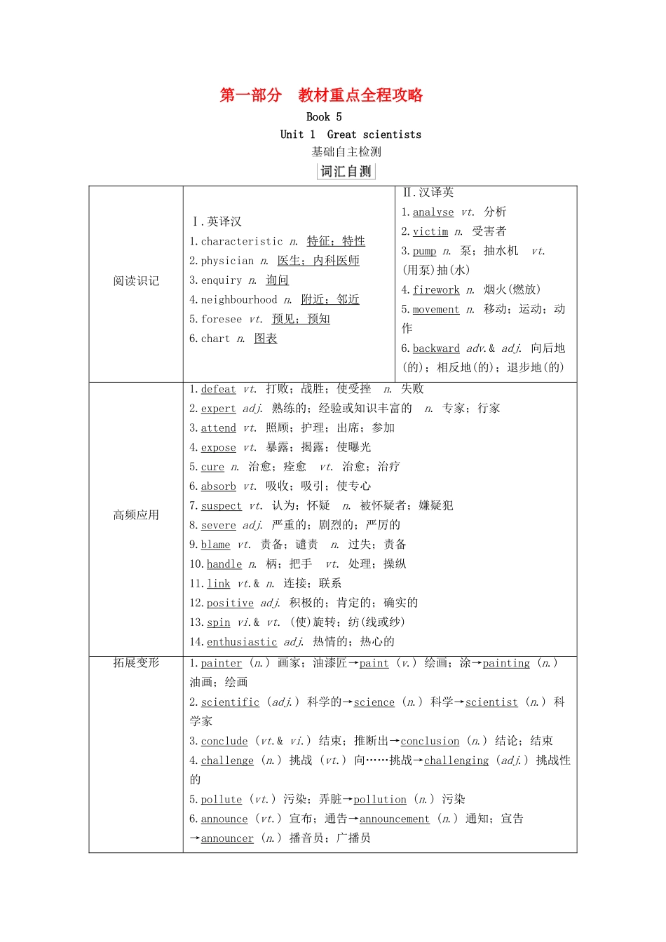 高考英语一轮统考复习 第一部分 教材重点全程攻略 Book 5 Unit 1 Great scientists学案（含解析）新人教版-新人教版高三全册英语学案_第1页