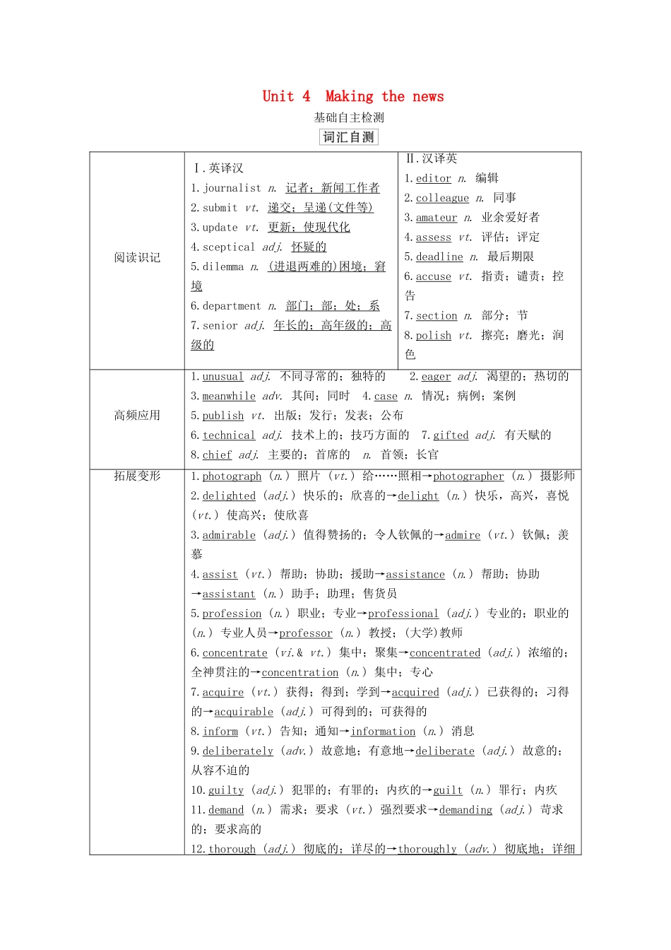 高考英语一轮统考复习 第一部分 教材重点全程攻略 Book 5 Unit 4 Making the news学案（含解析）新人教版-新人教版高三全册英语学案_第1页