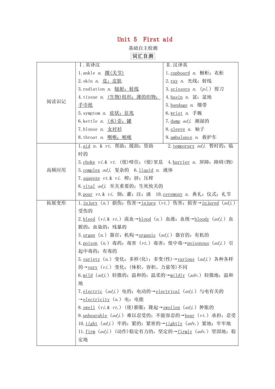 高考英语一轮统考复习 第一部分 教材重点全程攻略 Book 5 Unit 5 First aid学案（含解析）新人教版-新人教版高三全册英语学案_第1页