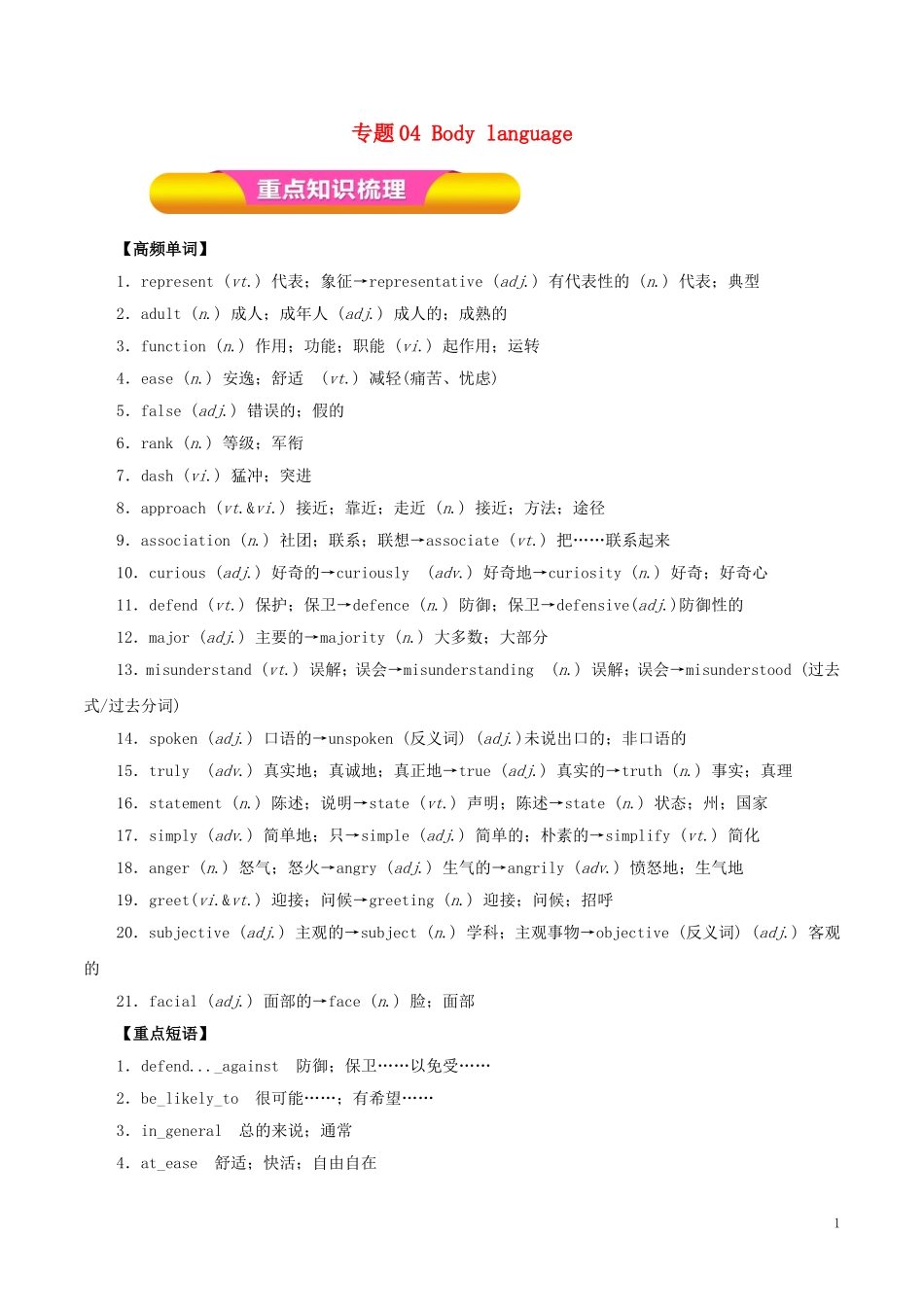 高考英语一轮复习 专题04 Body language（教学案）新人教版必修4-新人教版高三必修4英语教学案_第1页