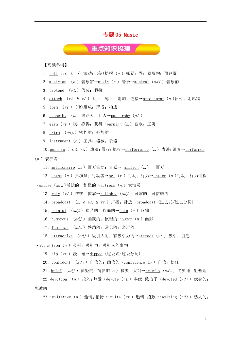 高考英语一轮复习 专题05 Music（教学案）（含解析）新人教版必修2-新人教版高三必修2英语教学案_第1页