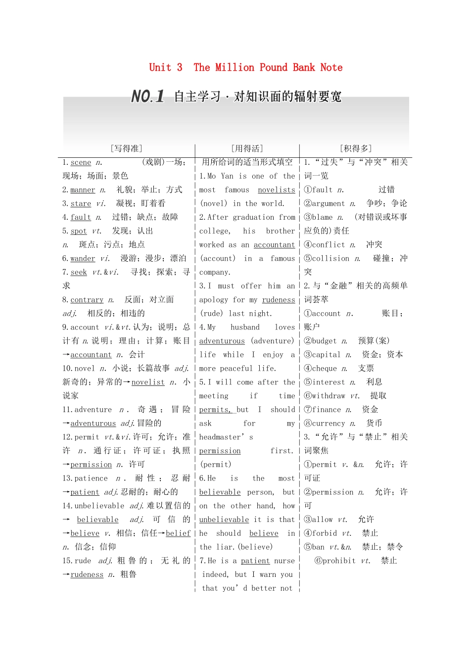 高考英语一轮复习 Unit 3 The Million Pound Bank Note导学案 新人教版必修3-新人教版高三必修3英语学案_第1页