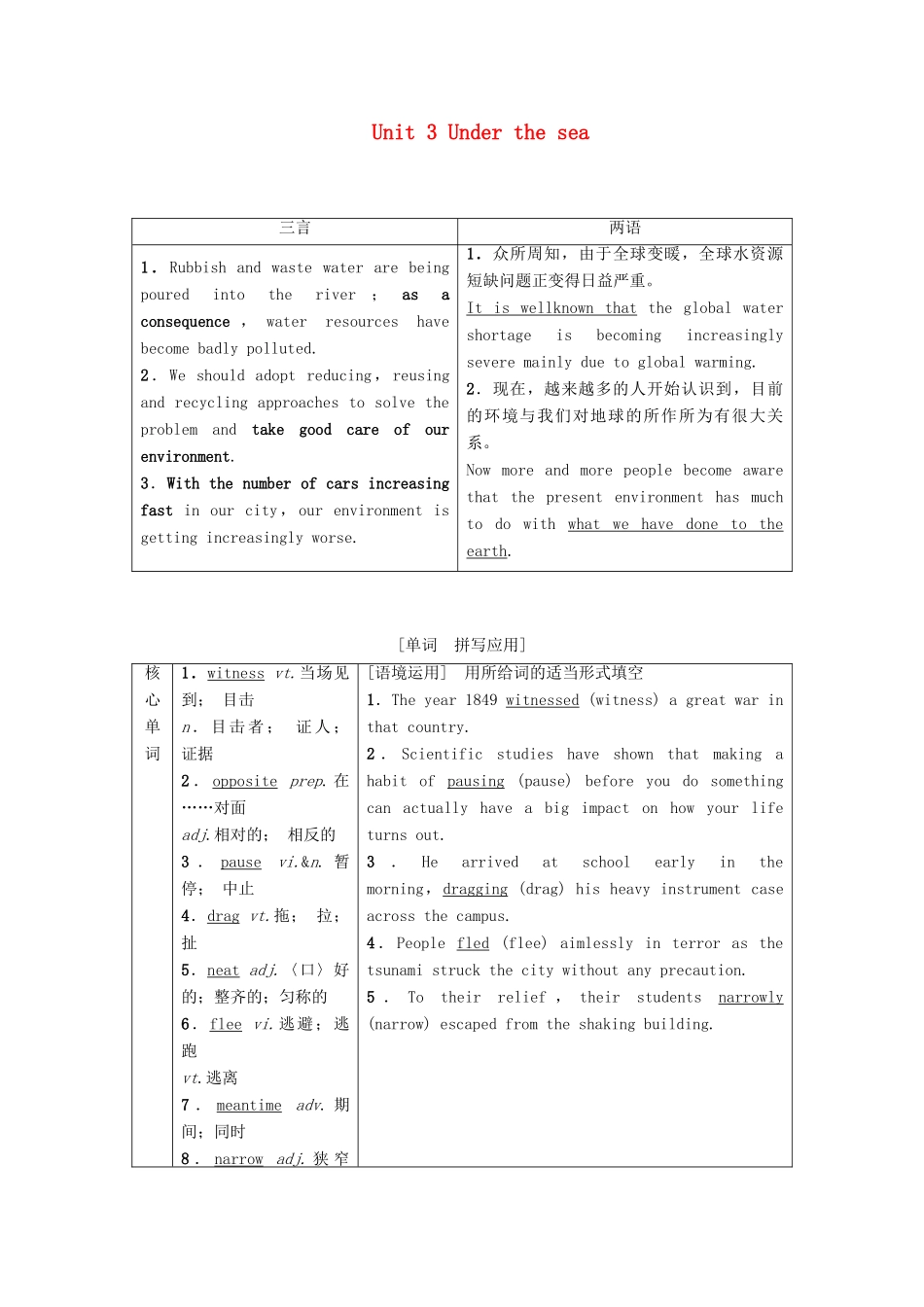 高考英语一轮复习 Unit 3 Under the sea教学案 新人教版选修7-新人教版高三选修7英语教学案_第1页