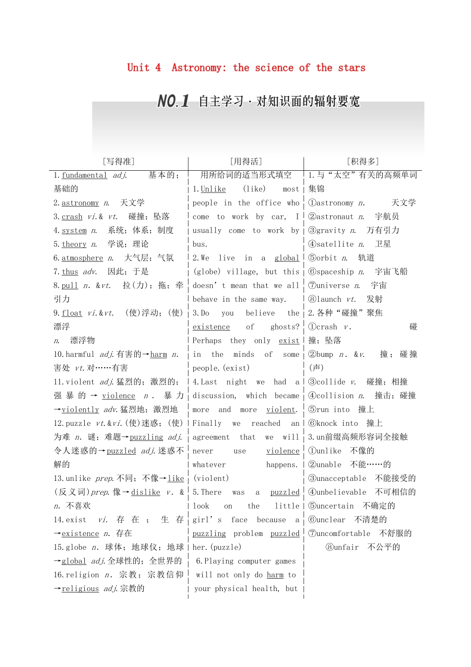 高考英语一轮复习 Unit 4 Astronomy the science of the stars导学案 新人教版必修3-新人教版高三必修3英语学案_第1页