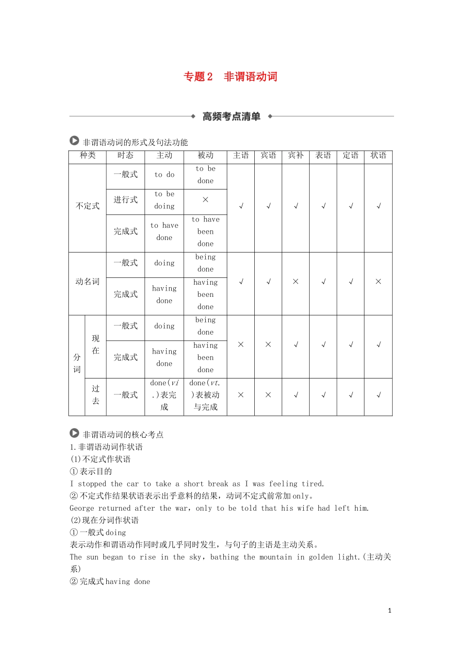 高考英语 语法突破四大篇 第一部分 专题2 非谓语动词讲义-人教版高三全册英语学案_第1页