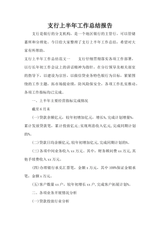 支行上半年工作总结报告（标准版）