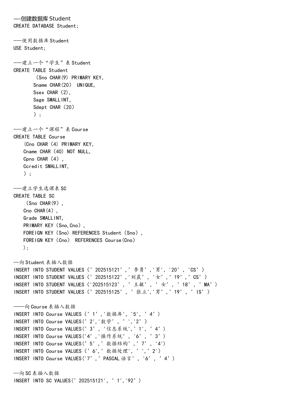 数据库系统概论学生数据库建表_第1页