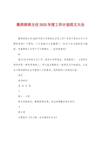 数控班班主任2025年度工作计划范文大全