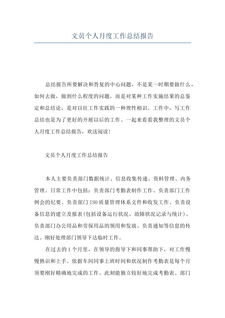 文员个人月度工作总结报告_第1页