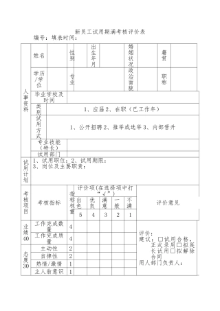 新员工试用期满考核评价表（标准版）