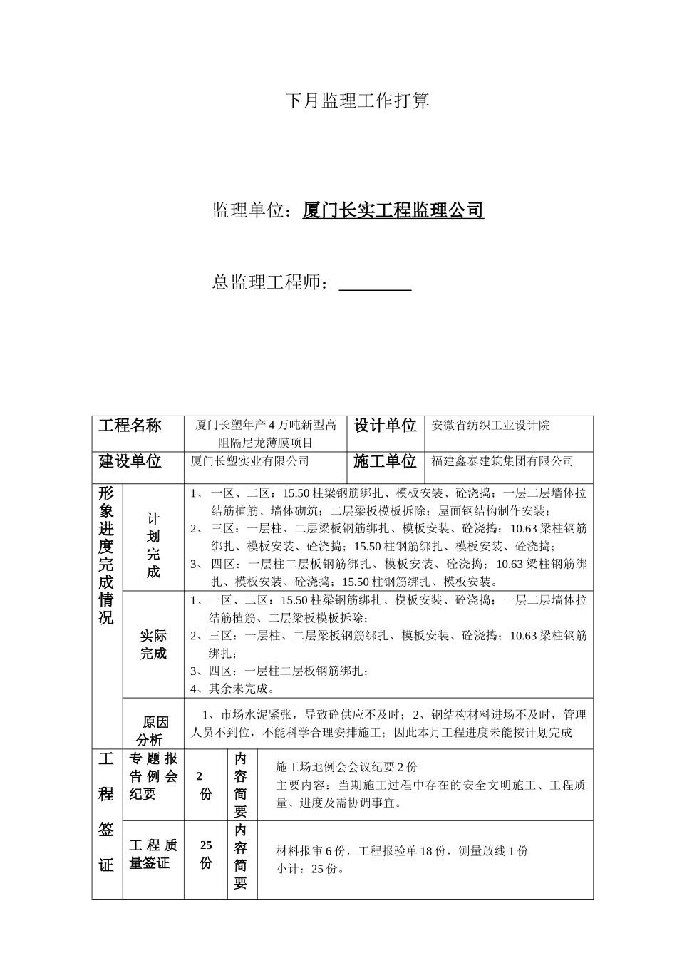 新型高阻隔尼龙薄膜项目厂房工程建设监理工作月报_第2页